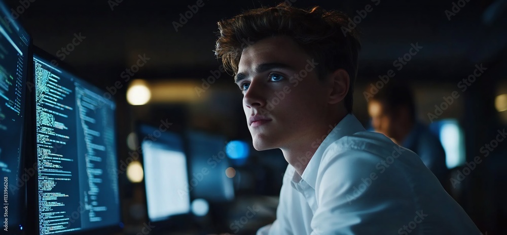 Poster a young man focused on coding at his workstation in a dimly lit environment.