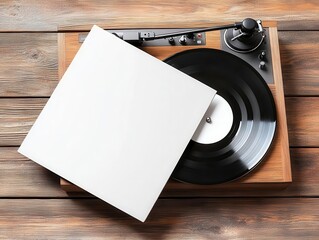 A blank album cover on a record player in a retro-themed setting, emphasizing music nostalgia.