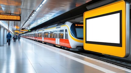A blank advertisement frame on a subway wall during rush hour, offering high visibility for custom messages.