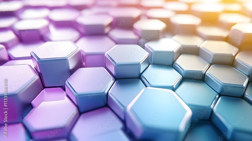 Poster abstract hexagonal pattern of blue and purple 3d shapes.