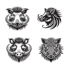 Warthog Face Silhouette Vector Set - African Wildlife Head Illustrations