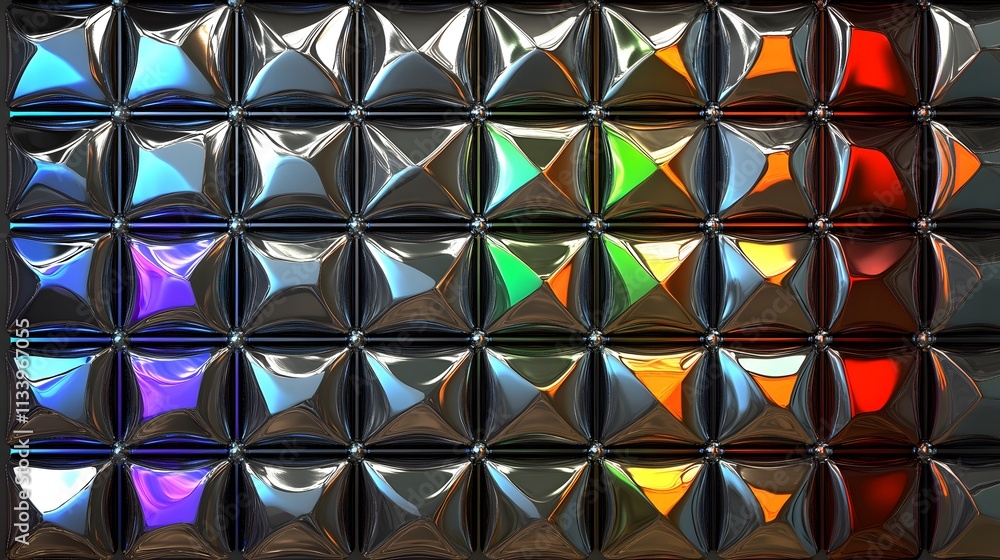 Poster abstract iridescent metallic surface with a geometric pattern of colorful, shiny, faceted shapes cre