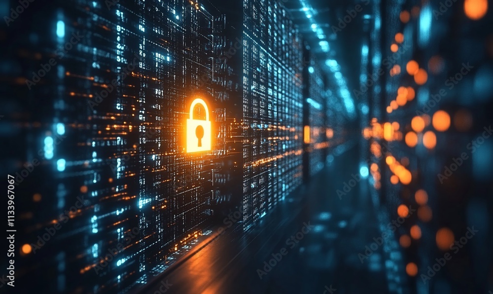 Poster Digital representation of security with a glowing padlock amidst data streams.