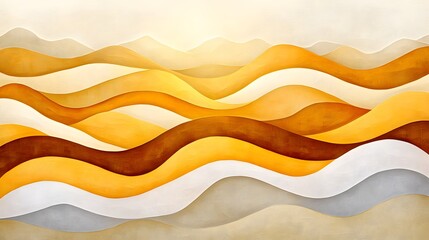 Abstract landscape with wavy, layered, golden, brown, and beige mountains.