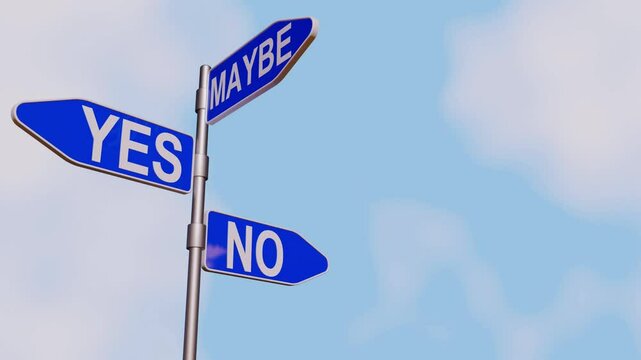 A 3d animation of a signpost with three directions: Yes, No, and Maybe. A contemplation on the nature of choice and the power of indecision.