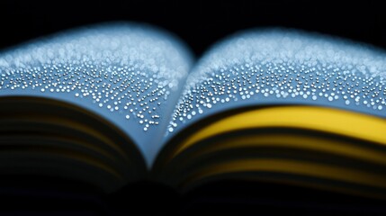 Open book with glowing blue and yellow pages creating a magical atmosphere filled with tiny lights on a dark background, conveying a sense of wonder and imagination.