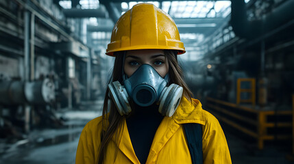 A woman adorned in a vibrant yellow helmet and protective gas mask stands confidently in a hazardous work environment. Her sturdy attire hints at the dangerous nature of her surroundings. 