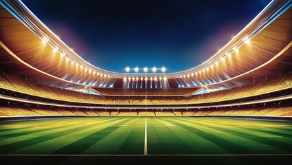 beautiful sports stadium with a green grass field shines with blue spotlights at night with stars. Sports tournament, world championship