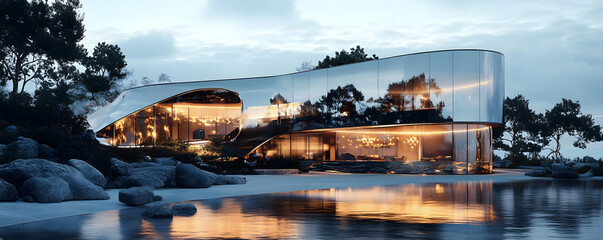 Modern architectural design featuring a sleek glass structure by a serene waterfront.