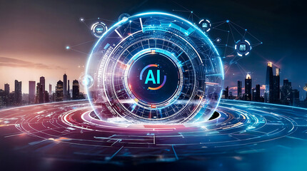 Futuristic city skyline with AI technology, digital network, and holographic elements, showcasing innovation and connectivity in vibrant urban environment