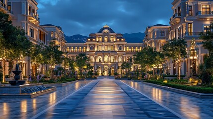 Naklejka premium Elegant street view of a luxurious building at dusk with illuminated surroundings.
