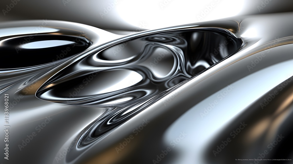 Poster abstract metallic silver liquid surface with reflective highlights and shadows, creating a dynamic, 