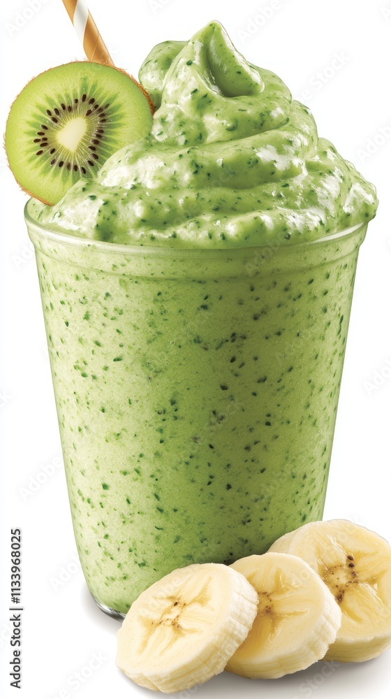 Poster a refreshing green smoothie topped with kiwi and served with a banana on the side.