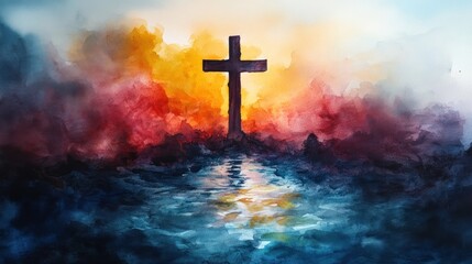 Sunset Cross: Watercolor Painting of Faith and Hope
