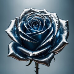 A futuristic metallic rose in silver and blue tones on a clean background.