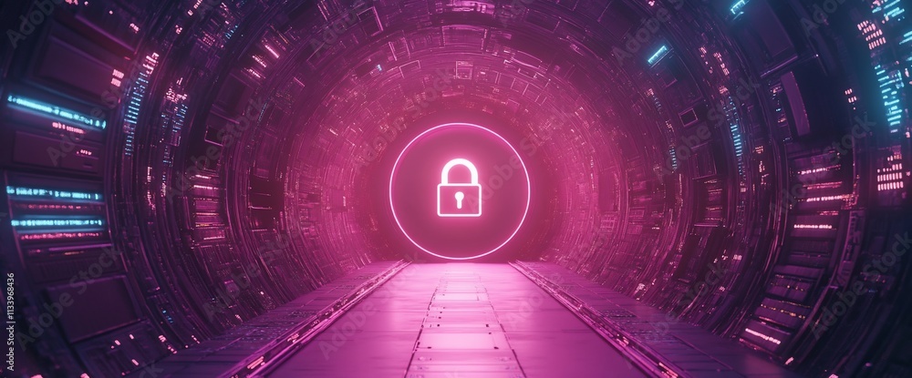 Aufkleber futuristic tunnel with a glowing lock symbol, representing security and technology.