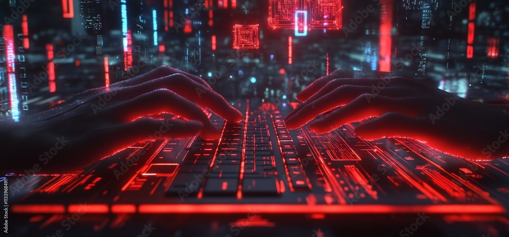 Poster hands typing on a glowing keyboard amidst a digital, futuristic background.