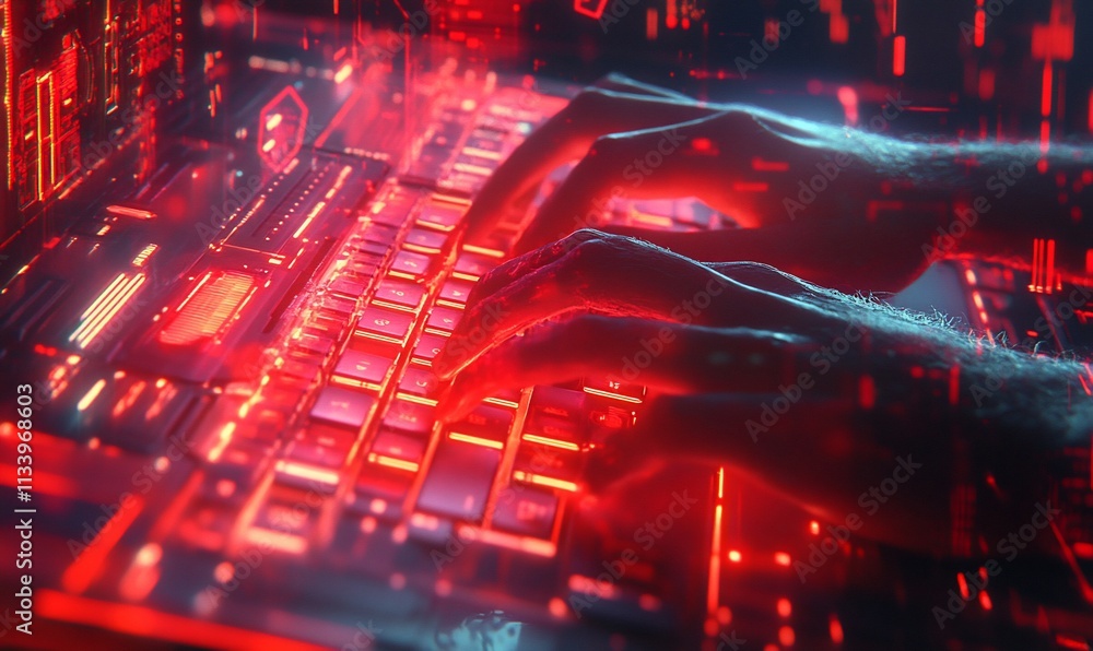 Poster Hands typing on a glowing keyboard surrounded by digital data.