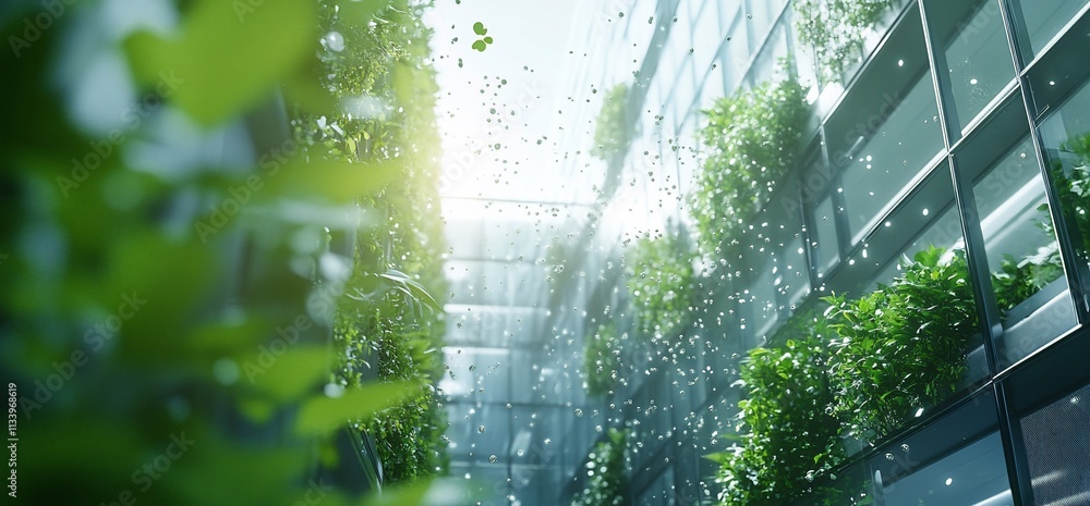 Aufkleber lush greenery in a modern atrium with sunlight filtering through glass.