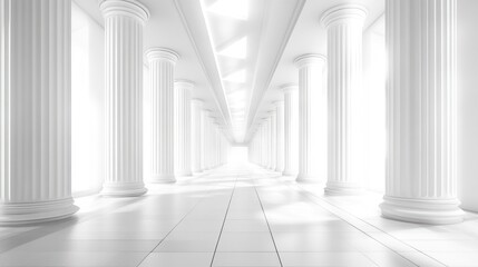 Fototapeta premium A White Marble Corridor with Pillars Leading to Light