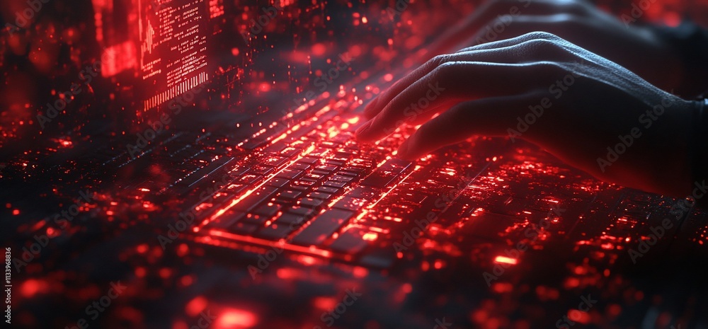 Fototapete hands typing on a keyboard, surrounded by glowing red digital data.