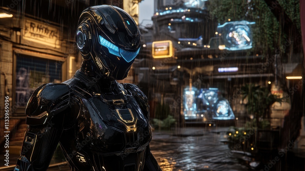 Poster futuristic robot character in rainy urban environment with neon lights and technology background, sh