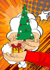Cartoon, comic book human hands holding Gift Box and Christmas decorated pine tree. Retro vector comics pop art design.