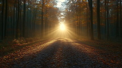 Obraz premium Sunbeams Illuminate Autumnal Forest Path