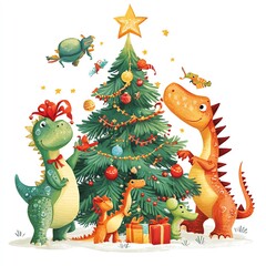 Fototapeta premium Playful dinosaurs celebrating Christmas by decorating a cheerful Christmas tree.