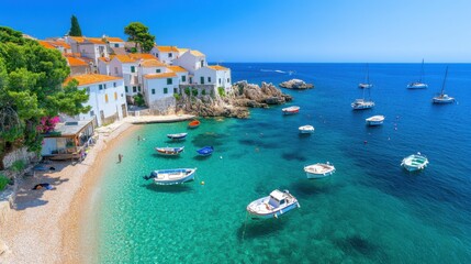 Fototapeta premium Seaside fishing boats coastal village landscape photography sunny day aerial view tranquil waterscape