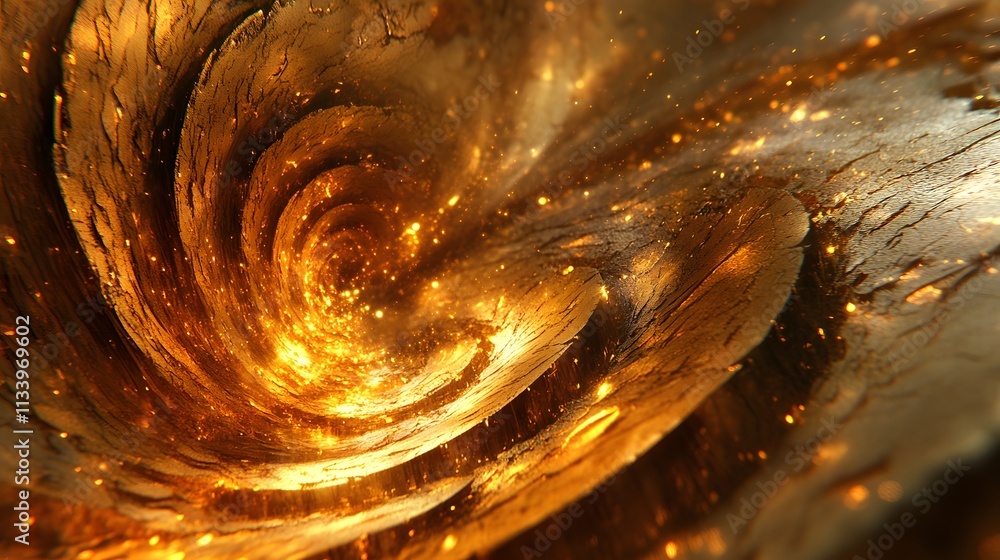 Poster abstract swirling golden texture with glittering particles.
