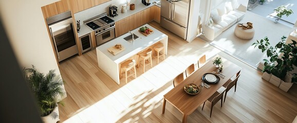 Modern kitchen and dining area with natural light and wooden elements.