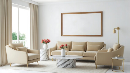 Interior of light living room with grey sofa, paintings and plants. Frame mockup in farmhouse...