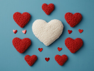 Obraz premium Soft red and white hearts arranged on blue background create romantic vibe