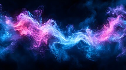 Abstract swirling pink and blue smoke on black background.