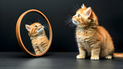 A kitten sees its reflection as a lion, symbolizing inner strength and transformation