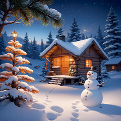 Fototapeta premium The picture depicts a Christmas night, with a snow - covered pine branch in the foreground and a snowman and a small hut in the distance.