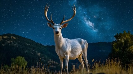 Fototapeta premium A majestic white deer with perfect antlers, on the mountain and the view of the stars in the beautiful sky