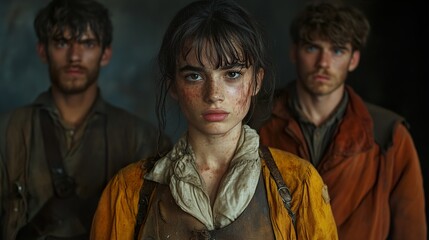 A young woman, scarred and determined, stands with two men, a powerful image of resilience.