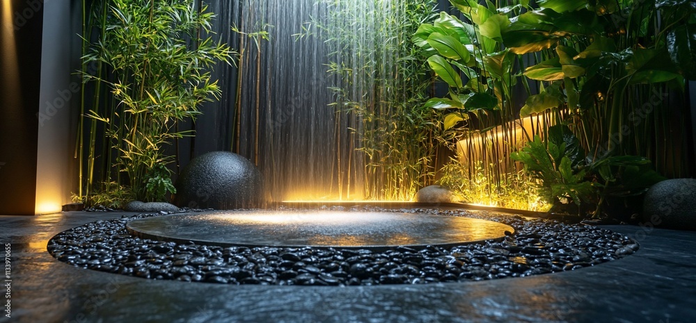 Aufkleber serene indoor space with a circular water feature and lush greenery.
