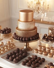 A lavish dessert table featuring a gold-themed cake and assorted chocolates and pastries.