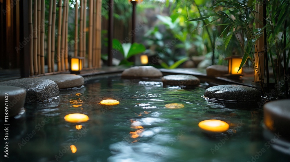 Poster Serene spa setting with floating lanterns and lush greenery.