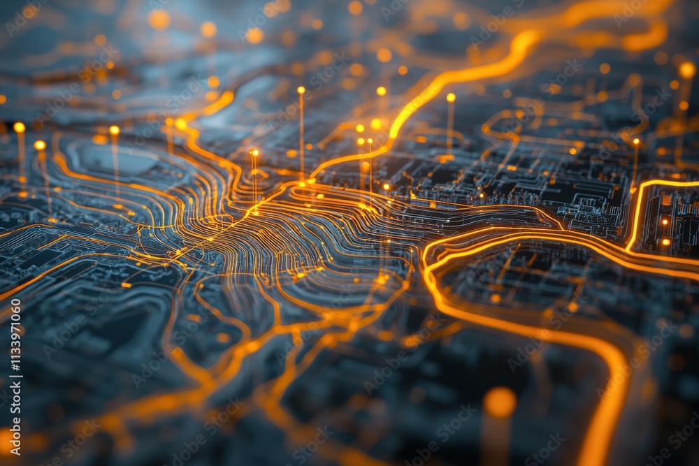 Poster abstract digital cityscape with glowing orange lines representing data streams, connectivity, and te