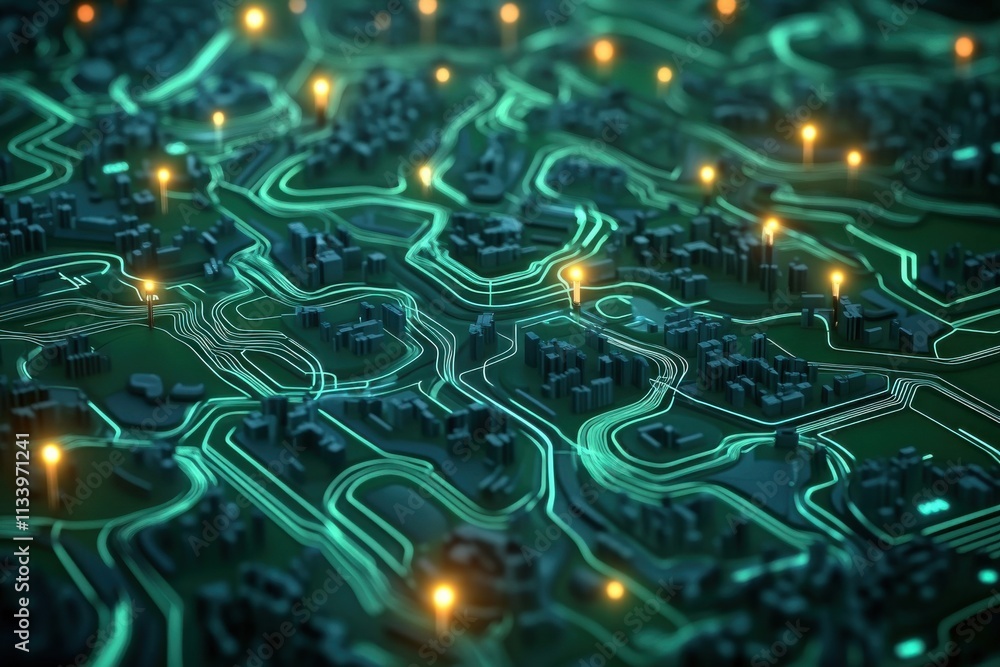 Poster futuristic city visualization with glowing circuitry and illuminated pathways representing digital c