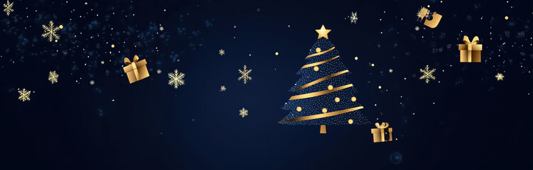 A dark blue background with a golden Christmas tree, snowflakes, and gifts floating around. The design is minimalistic, featuring a simple illustration style. It's suitable for social media banners