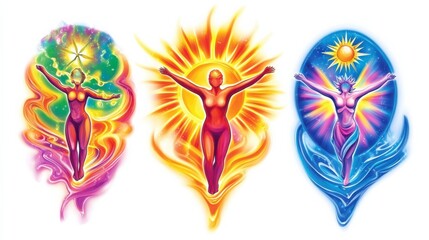 Obraz premium Vibrant Illustrations of Energetic Figures Surrounded by Celestial Elements Representing Spirituality, Vitality, and Transformation in a Colorful and Artistic Style