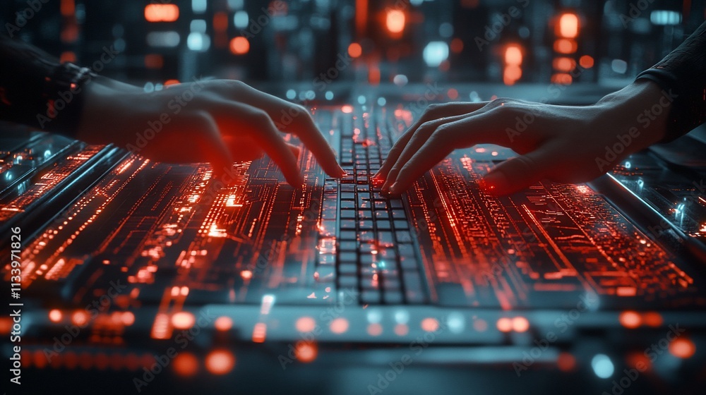 Aufkleber two hands typing on a futuristic keyboard with glowing circuitry.