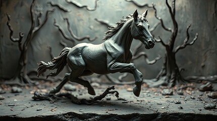 A clay sculpture that uses rough surfaces, dark hues, sculpted shapes, and unnerving details to portray a rushing horse in a spooky, spooky setting