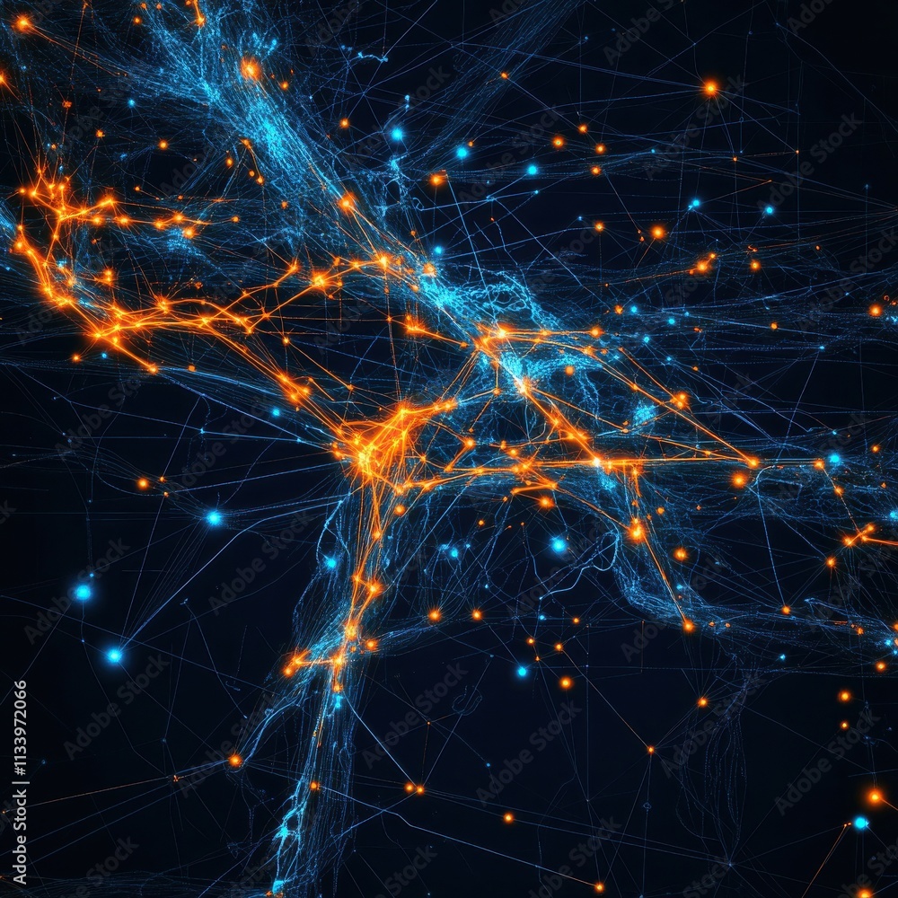 Poster abstract image of bright network connections with blue and orange light trails representing digital 