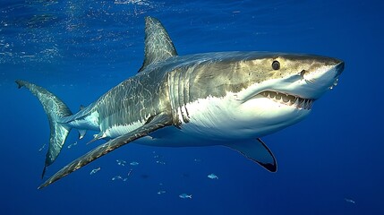 Fototapeta premium Powerful Great White Shark Gliding Silently Through the Depths of the Open Ocean
